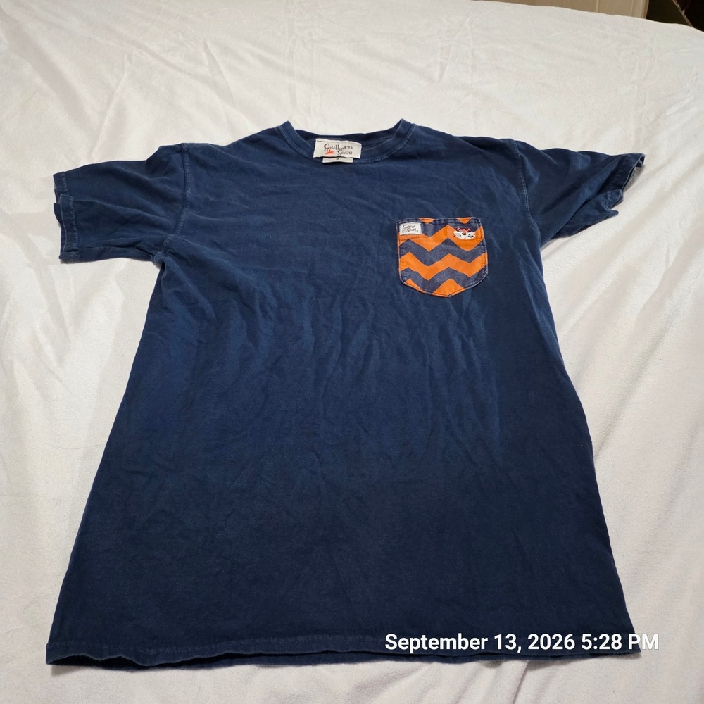 Southern Sass Navy Blue Pocket T-Shirt Womens Small Orange Chevron Auburn Tiger
